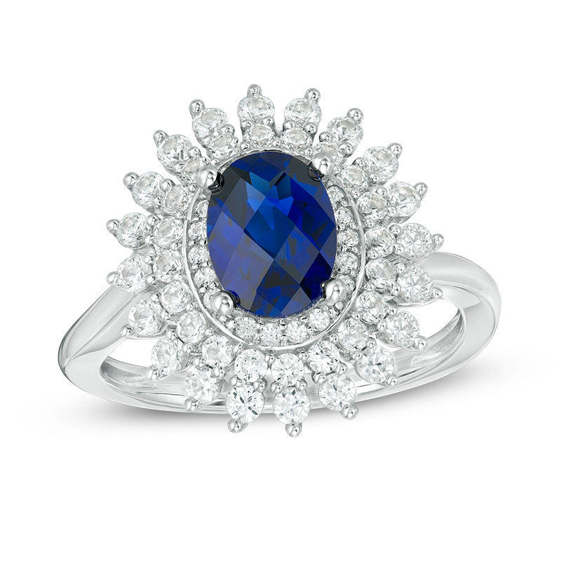 Main Image 1 of Oval Blue Sapphire and 5/8 CT. T.W. Diamond Sunburst Frame Ring in 10K White Gold