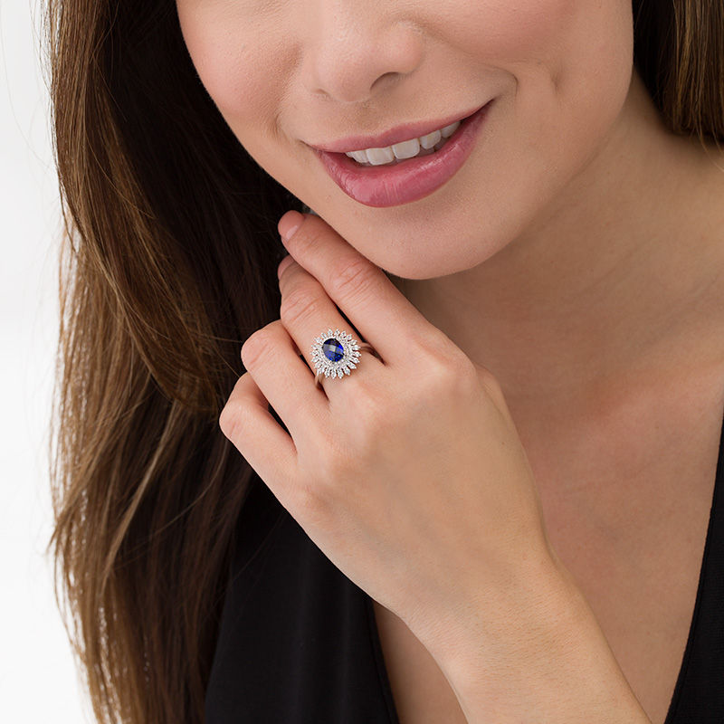 Main Image 2 of Oval Blue Sapphire and 5/8 CT. T.W. Diamond Sunburst Frame Ring in 10K White Gold
