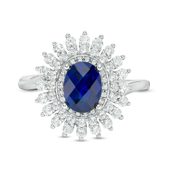 Oval Blue Sapphire and 5/8 CT. T.w. Diamond Sunburst Frame Ring in 10K White Gold