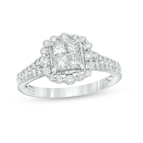 3/4 CT. T.w. Quad Princess-Cut Diamond Vintage-Style Frame Engagement Ring in 14K White Gold
