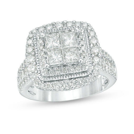 2 CT. T.w. Quad Princess-Cut Diamond Vintage-Style Double Frame Multi-Row Engagement Ring in 14K White Gold