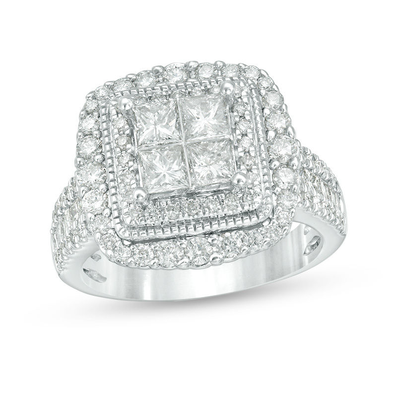 Main Image 1 of 2 CT. T.W. Quad Princess-Cut Diamond Vintage-Style Double Frame Multi-Row Engagement Ring in 14K White Gold