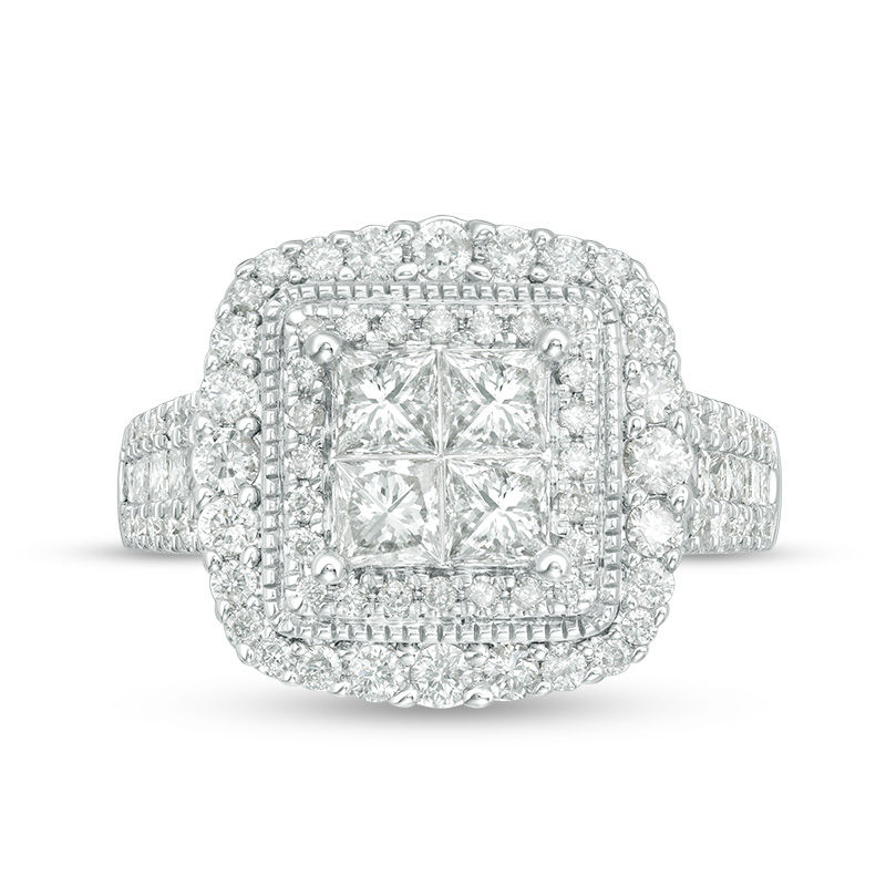 Main Image 4 of 2 CT. T.W. Quad Princess-Cut Diamond Vintage-Style Double Frame Multi-Row Engagement Ring in 14K White Gold