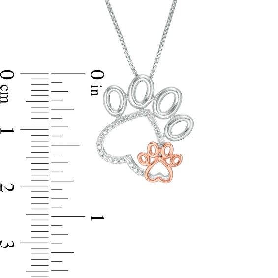 Diamond Accent Tilted Double Paw Print Outline Pendant in Sterling Silver and 10K Rose Gold