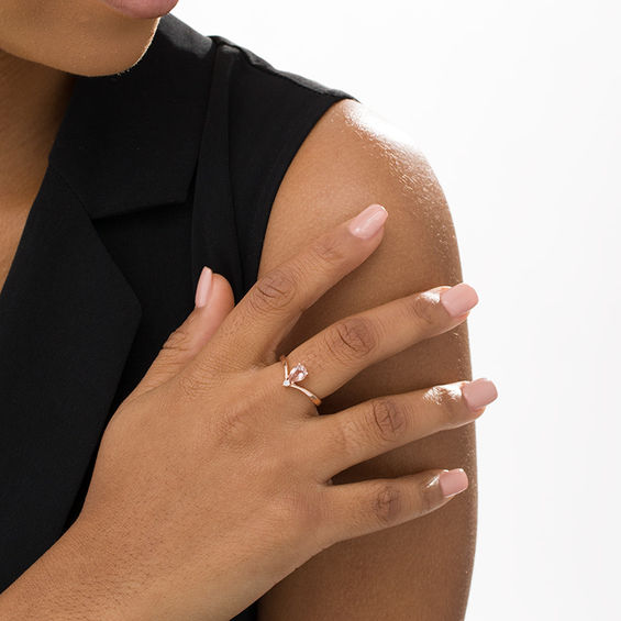 Pear-Shaped Morganite and Diamond Accent Chevron Ring in 10K Rose Gold
