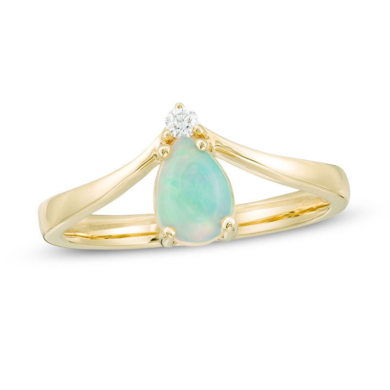 Main Image 1 of Pear-Shaped Opal and Diamond Accent Chevron Ring in 10K Gold