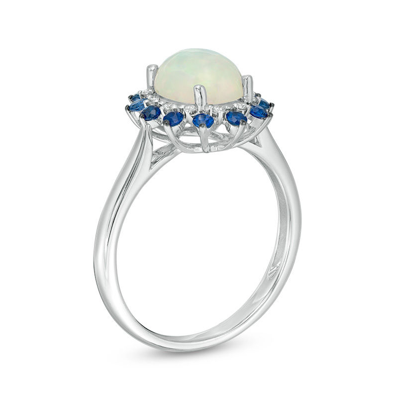 Main Image 3 of Oval Opal, Blue Sapphire and 1/15 CT. T.W. Diamond Double Sunburst Frame Ring in 10K White Gold