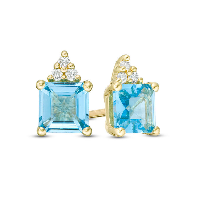 Main Image 1 of 5.0mm Asscher-Cut Swiss Blue Topaz and 1/20 CT. T.W. Diamond Tri-Top Stud Earrings in 10K Gold