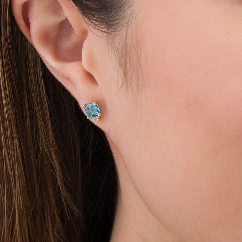Main Image 2 of 5.0mm Asscher-Cut Swiss Blue Topaz and 1/20 CT. T.W. Diamond Tri-Top Stud Earrings in 10K Gold