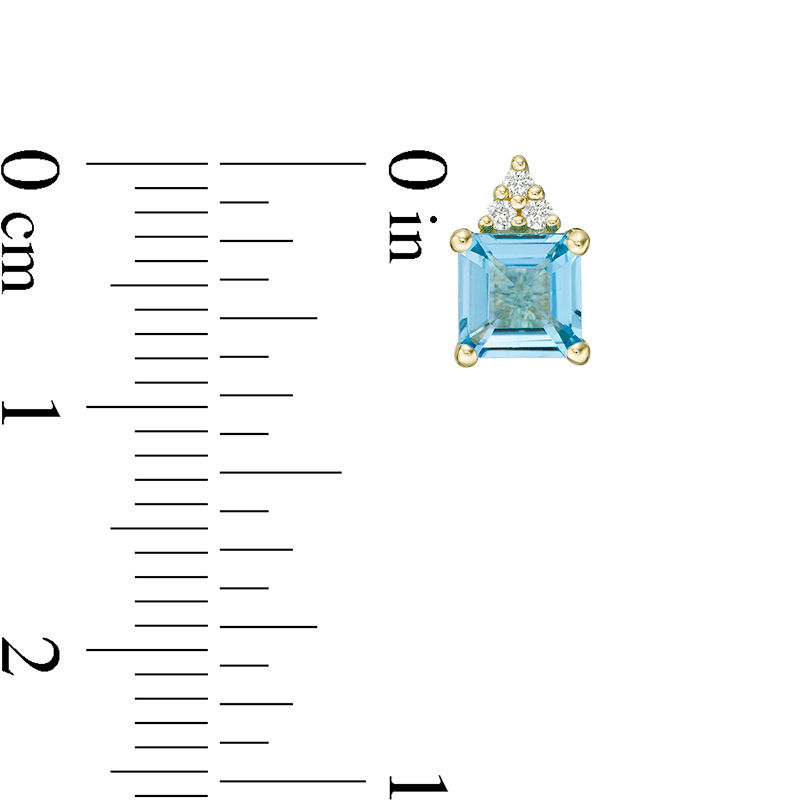 Main Image 3 of 5.0mm Asscher-Cut Swiss Blue Topaz and 1/20 CT. T.W. Diamond Tri-Top Stud Earrings in 10K Gold