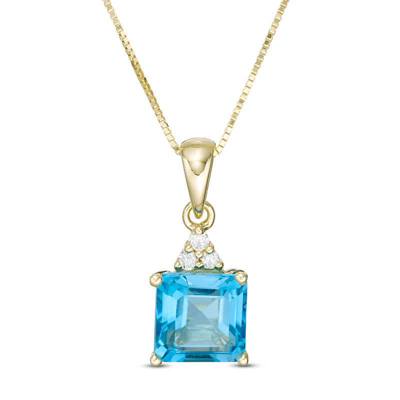 Main Image 1 of 7.0mm Asscher-Cut Swiss Blue Topaz and 1/20 CT. T.W. Diamond Tri-Top Drop Pendant in 10K Gold