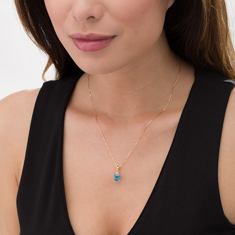 Main Image 2 of 7.0mm Asscher-Cut Swiss Blue Topaz and 1/20 CT. T.W. Diamond Tri-Top Drop Pendant in 10K Gold