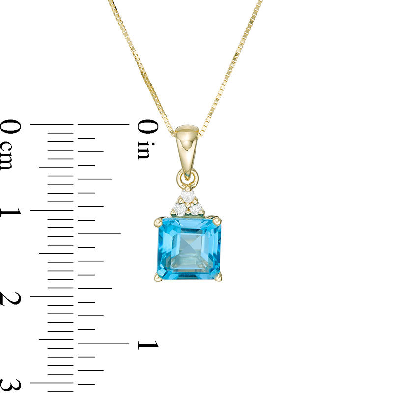 Main Image 3 of 7.0mm Asscher-Cut Swiss Blue Topaz and 1/20 CT. T.W. Diamond Tri-Top Drop Pendant in 10K Gold