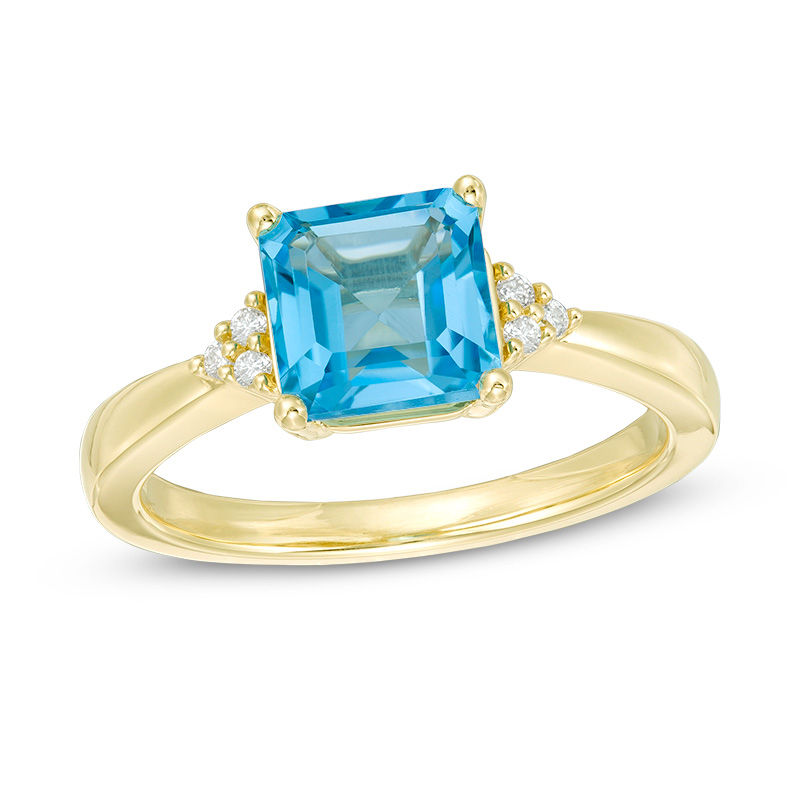 Main Image 1 of 7.0mm Asscher-Cut Swiss Blue Topaz and 1/20 CT. T.W. Diamond Tri-Sides Ring in 10K Gold