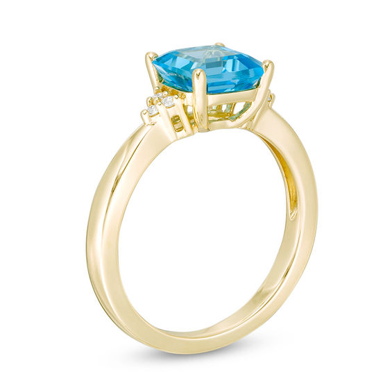 7.0mm Asscher-Cut Swiss Blue Topaz and 1/20 CT. T.w. Diamond Tri-Sides Ring in 10K Gold
