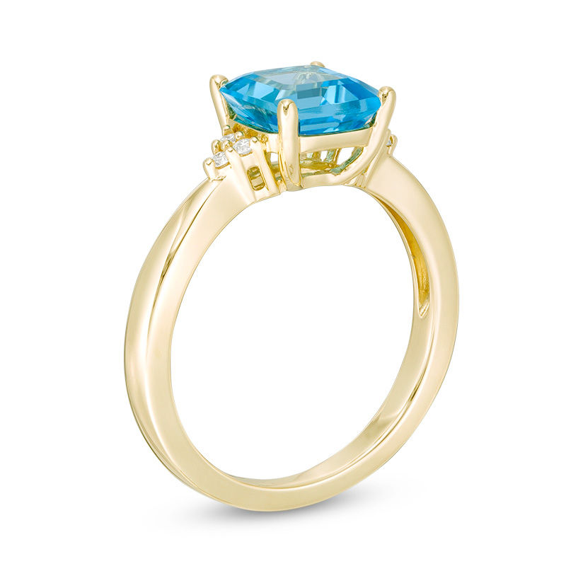 Main Image 3 of 7.0mm Asscher-Cut Swiss Blue Topaz and 1/20 CT. T.W. Diamond Tri-Sides Ring in 10K Gold