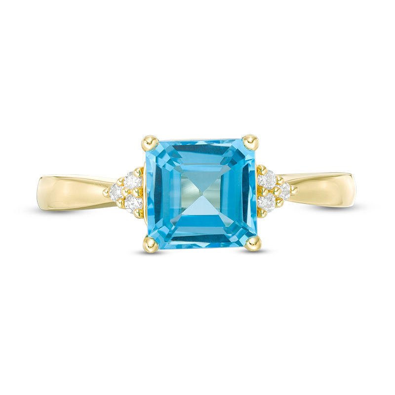Main Image 4 of 7.0mm Asscher-Cut Swiss Blue Topaz and 1/20 CT. T.W. Diamond Tri-Sides Ring in 10K Gold