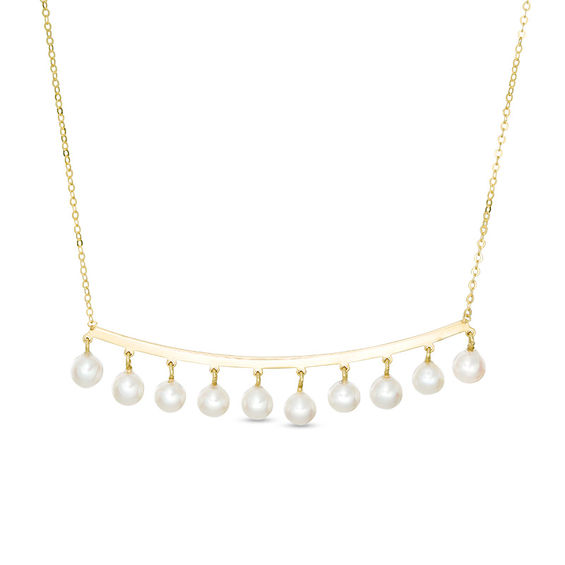 4.0mm Freshwater Cultured Pearl Dangle Curved Bar Necklace in 10K Gold