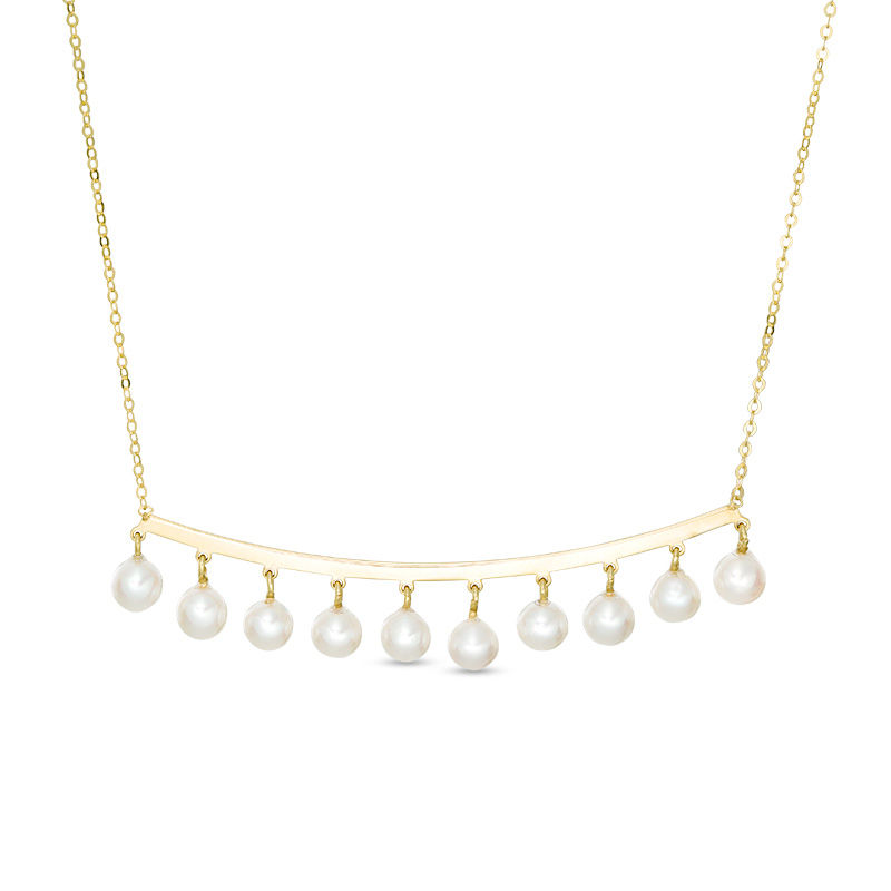 Main Image 1 of 4.0mm Freshwater Cultured Pearl Dangle Curved Bar Necklace in 10K Gold