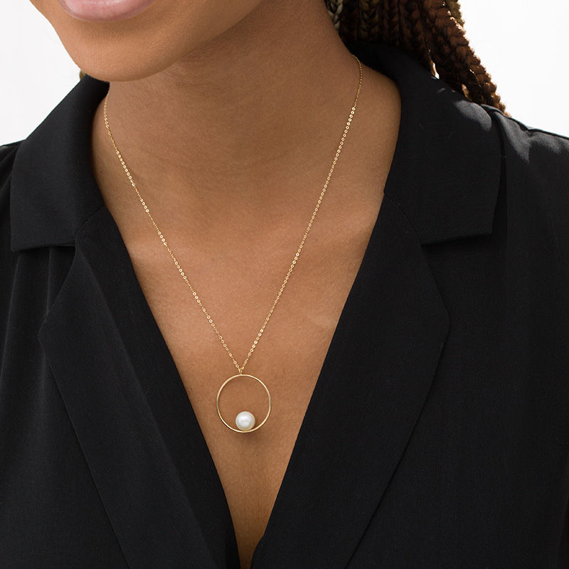 Main Image 2 of 8.0mm Freshwater Cultured Pearl Open Circle Pendant in 10K Gold