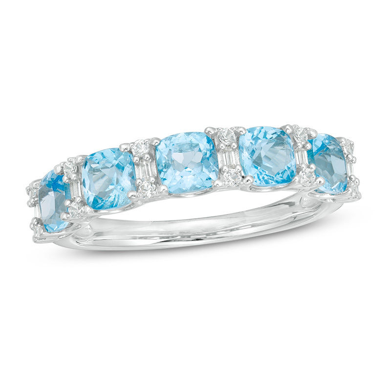 Main Image 1 of Cushion-Cut Swiss Blue Topaz and Lab-Created White Sapphire Alternating Five Stone Ring in Sterling Silver