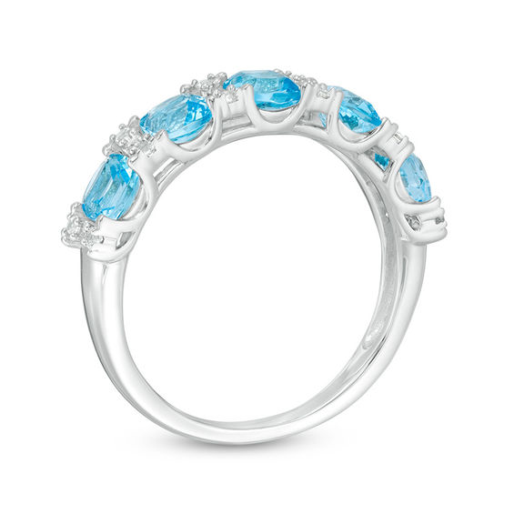 Cushion-Cut Swiss Blue Topaz and Lab-Created White Sapphire Alternating Five Stone Ring in Sterling Silver