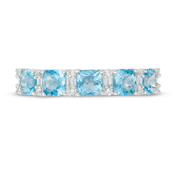 Cushion-Cut Swiss Blue Topaz and Lab-Created White Sapphire Alternating Five Stone Ring in Sterling Silver