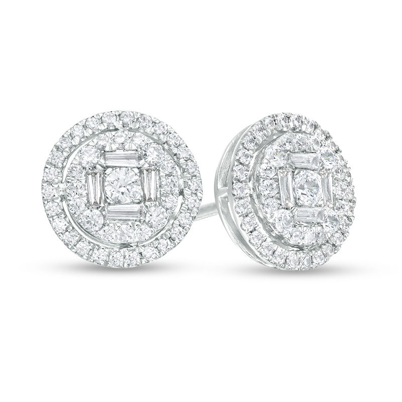 1/2 CT. T.W. Composite Diamond Double Frame Stud Earrings in 10K White ...