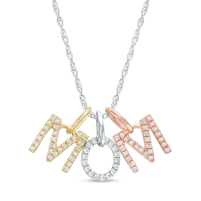 Main Image 1 of 1/6 CT. T.W. Diamond Block Letters "MOM" Pendant in 10K Tri-Tone Gold