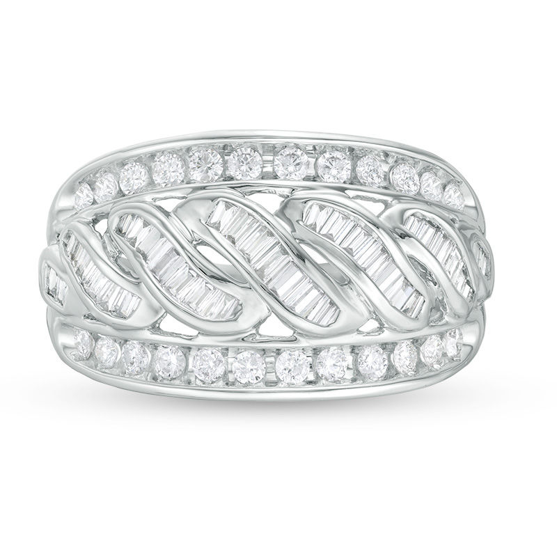 Main Image 4 of 3/4 CT. T.W. Baguette and Round Diamond Twist Ring in 10K White Gold