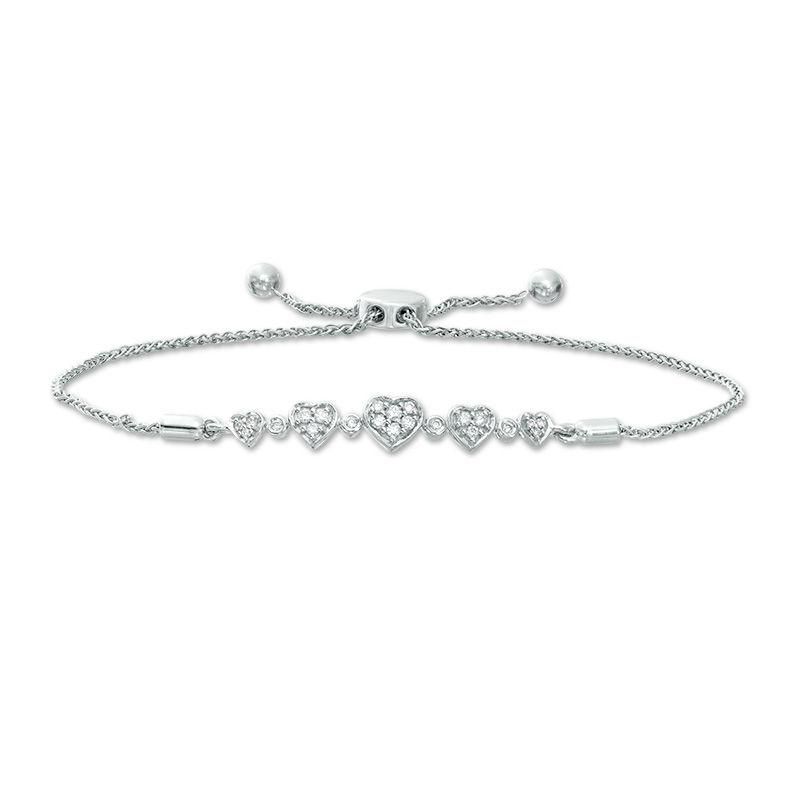 Main Image 1 of 1/6 CT. T.W. Diamond Hearts Bolo Bracelet in Sterling Silver - 9.5"