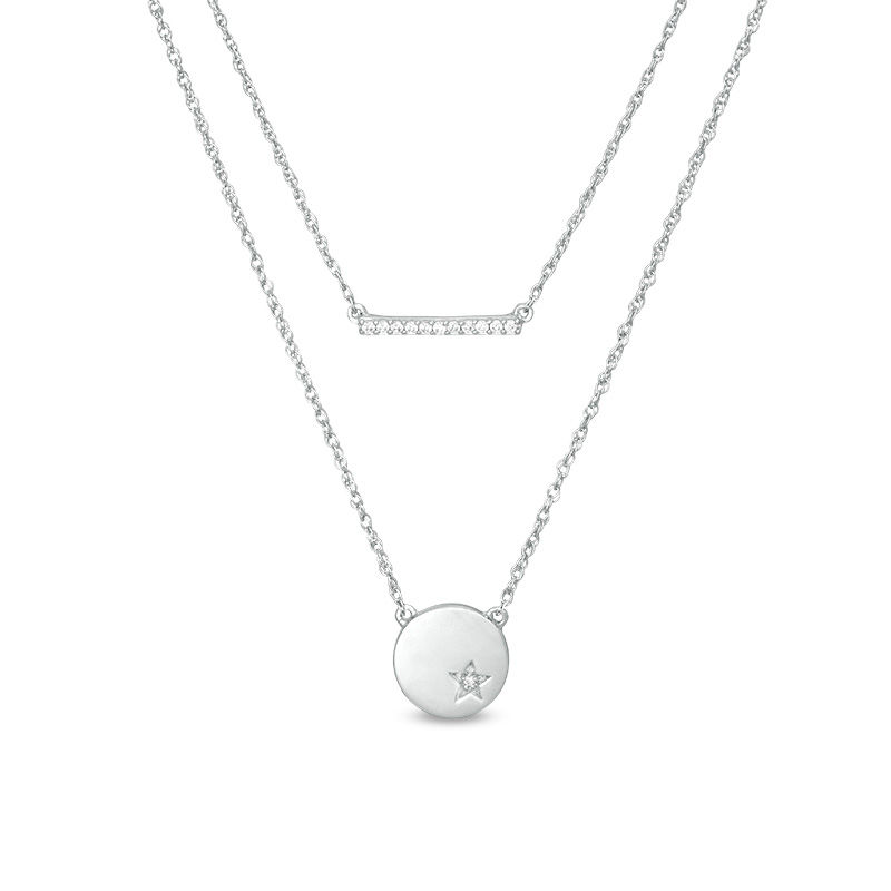 1/15 CT. T.W. Diamond Bar and Disc with Star Double Strand Necklace in Sterling Silver - 20"