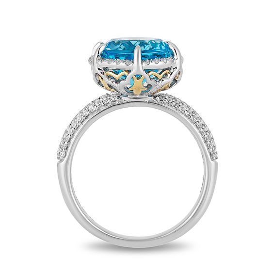 Enchanted Disney Aladdin 10.0mm Swiss Blue Topaz and 1/3 CT. T.w. Diamond Frame Ring in Sterling Silver and 10K Gold