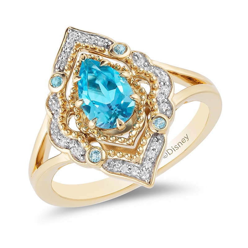 Main Image 1 of Enchanted Disney Aladdin Pear-Shaped Swiss Blue Topaz and 1/10 CT. T.W. Diamond Arabesque Frame Ring in 10K Gold