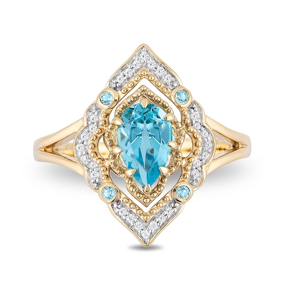 Enchanted Disney Aladdin Pear-Shaped Swiss Blue Topaz and 1/10 CT. T.w. Diamond Arabesque Frame Ring in 10K Gold