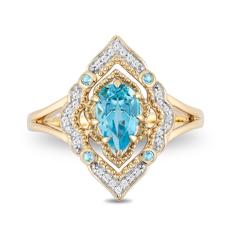 Main Image 2 of Enchanted Disney Aladdin Pear-Shaped Swiss Blue Topaz and 1/10 CT. T.W. Diamond Arabesque Frame Ring in 10K Gold