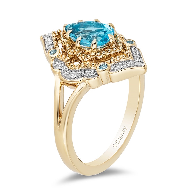 Main Image 3 of Enchanted Disney Aladdin Pear-Shaped Swiss Blue Topaz and 1/10 CT. T.W. Diamond Arabesque Frame Ring in 10K Gold