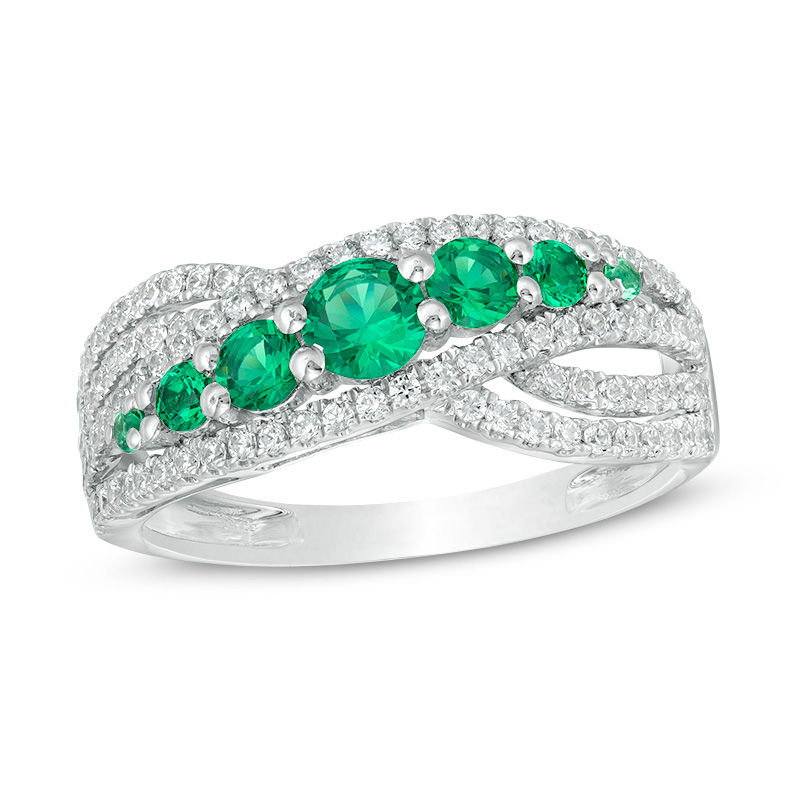 Main Image 1 of Lab-Created Emerald and White Sapphire Seven Stone Bypass Ring in Sterling Silver