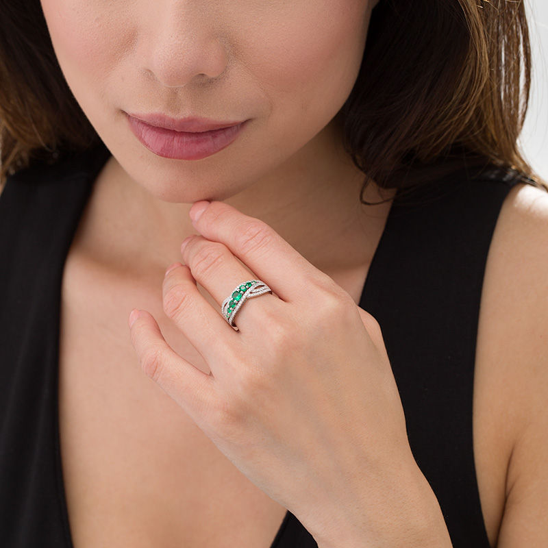 Main Image 2 of Lab-Created Emerald and White Sapphire Seven Stone Bypass Ring in Sterling Silver