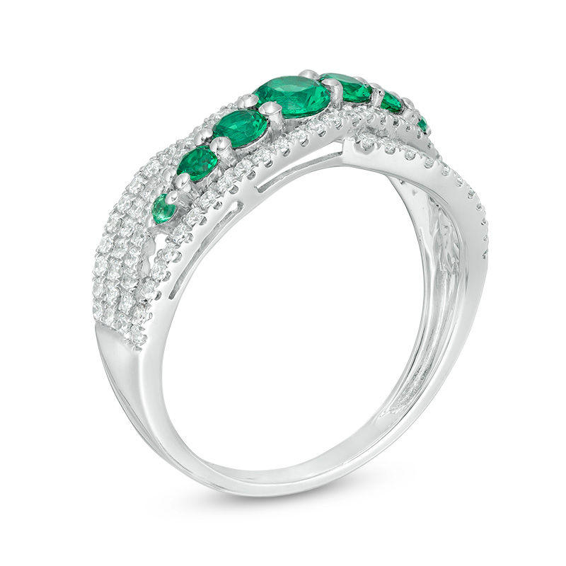Main Image 3 of Lab-Created Emerald and White Sapphire Seven Stone Bypass Ring in Sterling Silver