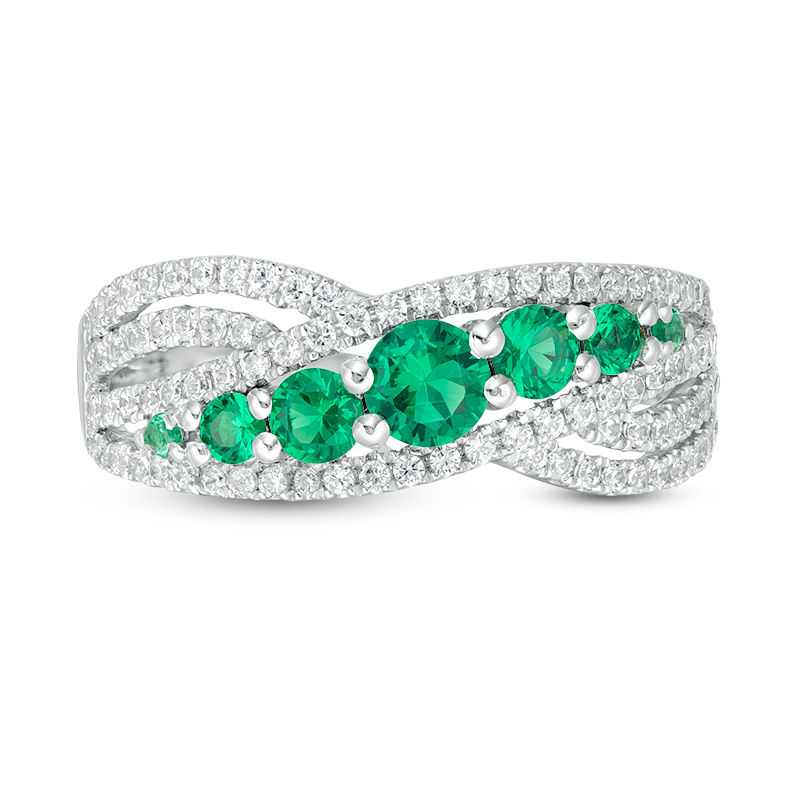Main Image 4 of Lab-Created Emerald and White Sapphire Seven Stone Bypass Ring in Sterling Silver