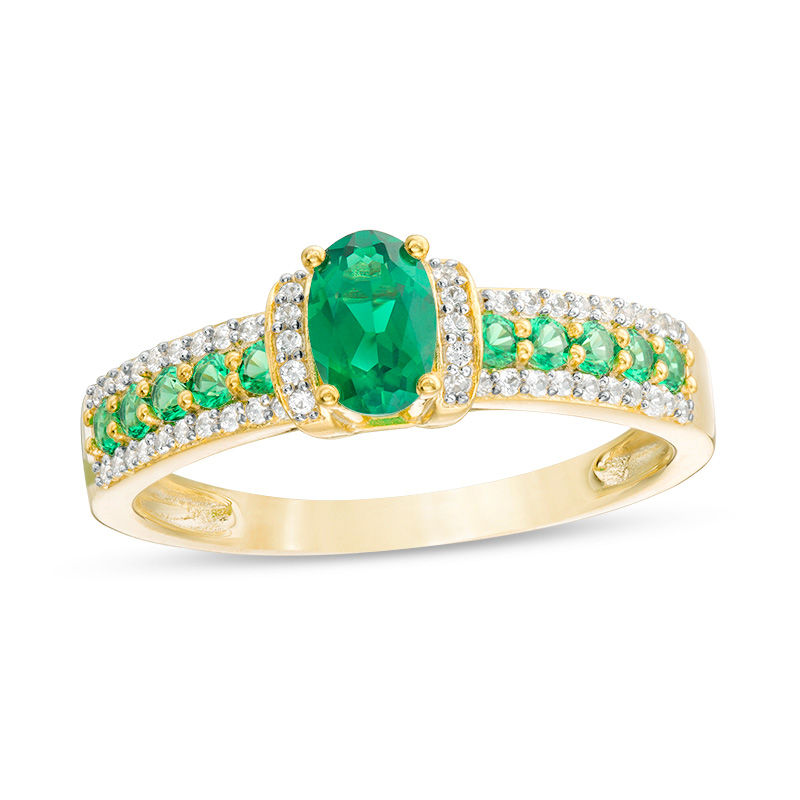 Main Image 1 of Oval Emerald and 1/10 CT. T.W. Diamond Collar Ring in 10K Gold