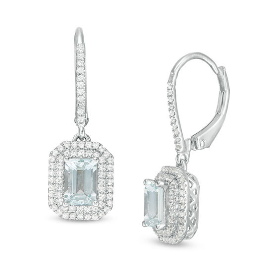 Emerald-Cut Aquamarine and 1/3 CT. T.w. Diamond Double Octagon Frame Drop Earrings in 10K White Gold