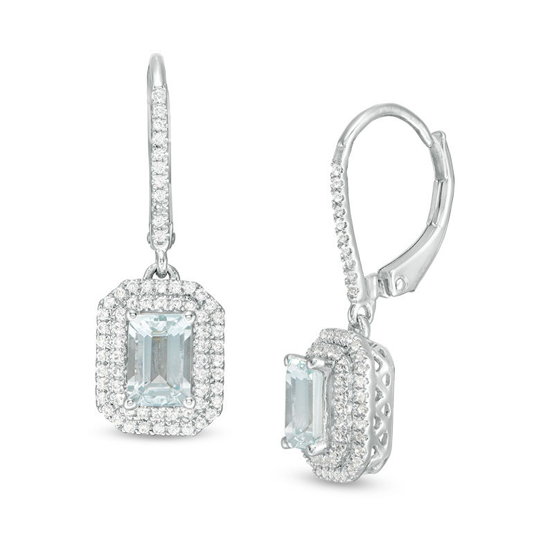 Emerald-Cut Aquamarine and 1/3 CT. T.W. Diamond Double Octagon Frame Drop Earrings in 10K White Gold