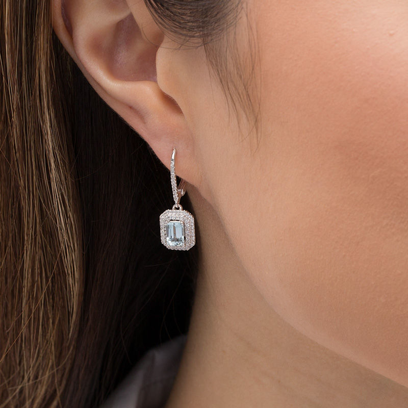 Emerald-Cut Aquamarine and 1/3 CT. T.W. Diamond Double Octagon Frame Drop Earrings in 10K White Gold