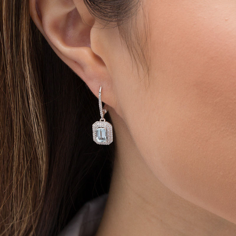 Main Image 2 of Emerald-Cut Aquamarine and 1/3 CT. T.W. Diamond Double Octagon Frame Drop Earrings in 10K White Gold