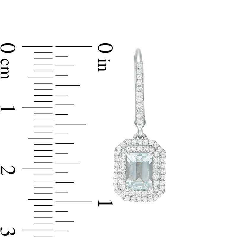 Main Image 3 of Emerald-Cut Aquamarine and 1/3 CT. T.W. Diamond Double Octagon Frame Drop Earrings in 10K White Gold