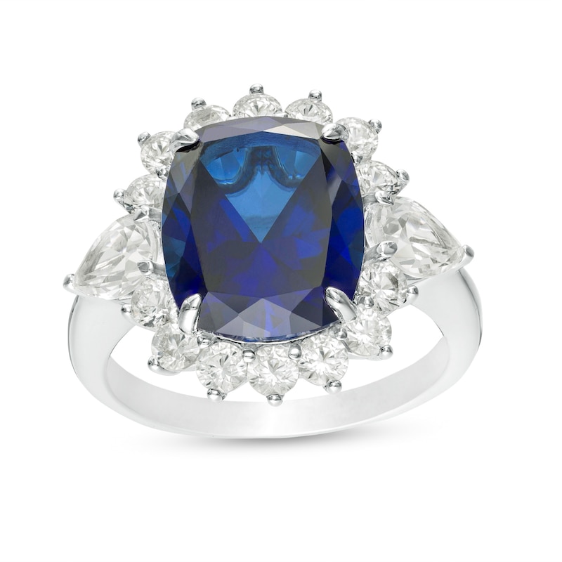 Elongated Cushion-Cut Lab-Created Blue and White Sapphire Flower Frame Ring in Sterling Silver