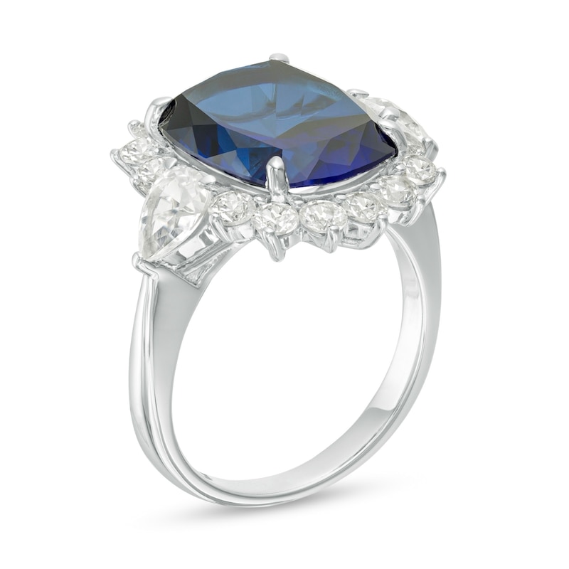 Elongated Cushion-Cut Lab-Created Blue and White Sapphire Flower Frame Ring in Sterling Silver
