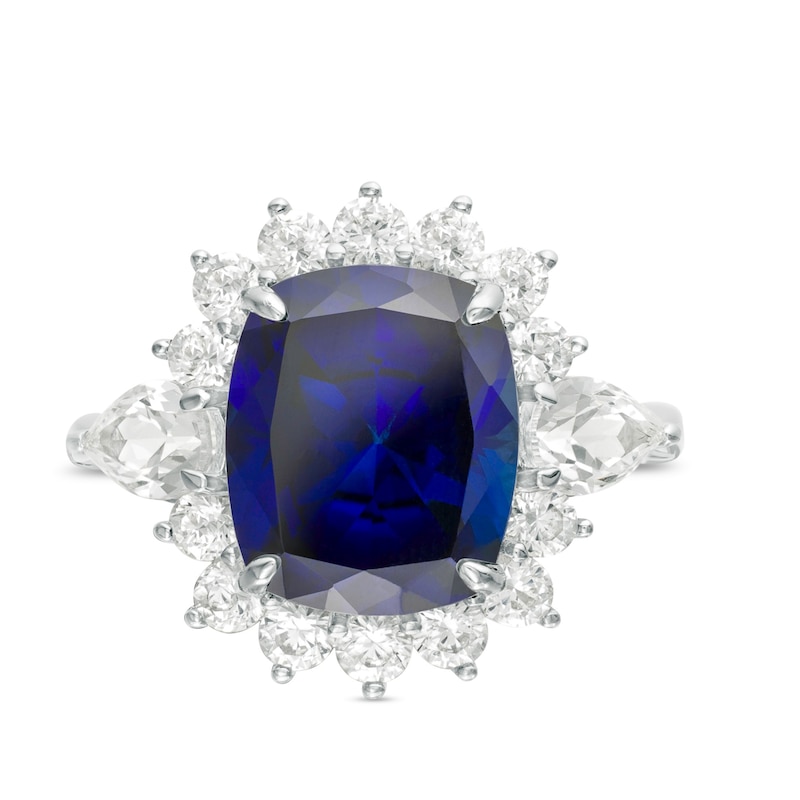 Elongated Cushion-Cut Lab-Created Blue and White Sapphire Flower Frame Ring in Sterling Silver